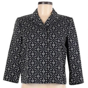 Vintage DKNY Y2K Navy White Damask Print Silk Blend Cropped Blazer Jacket Size 6